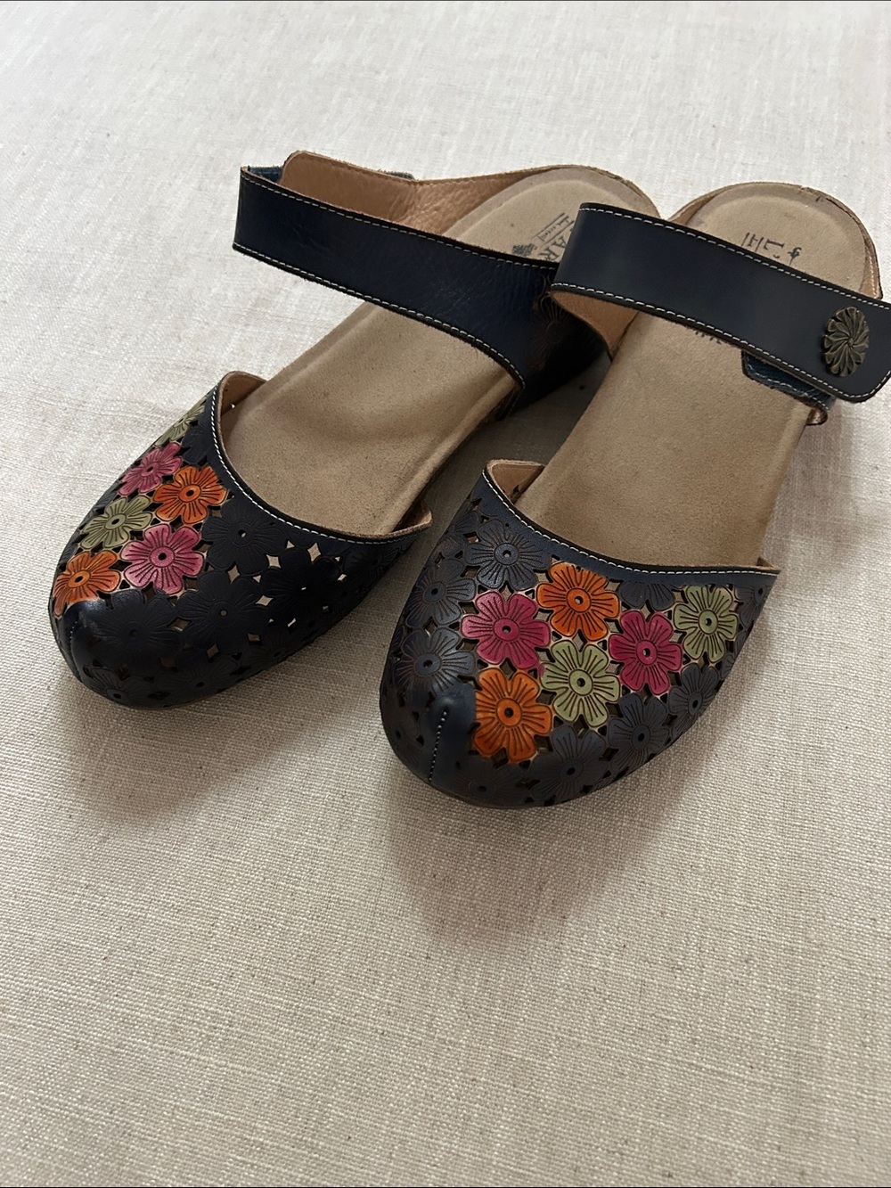 Spring Step L'artiste Spikey Floral Sandal Navy SZ 42 Leather Comfort Mary Jane - Picture 13 of 15